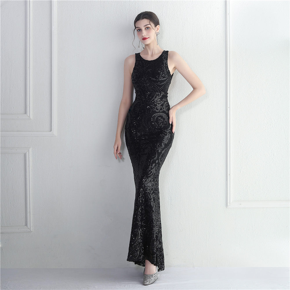 Long Sequin Evening Dress with Backless Design