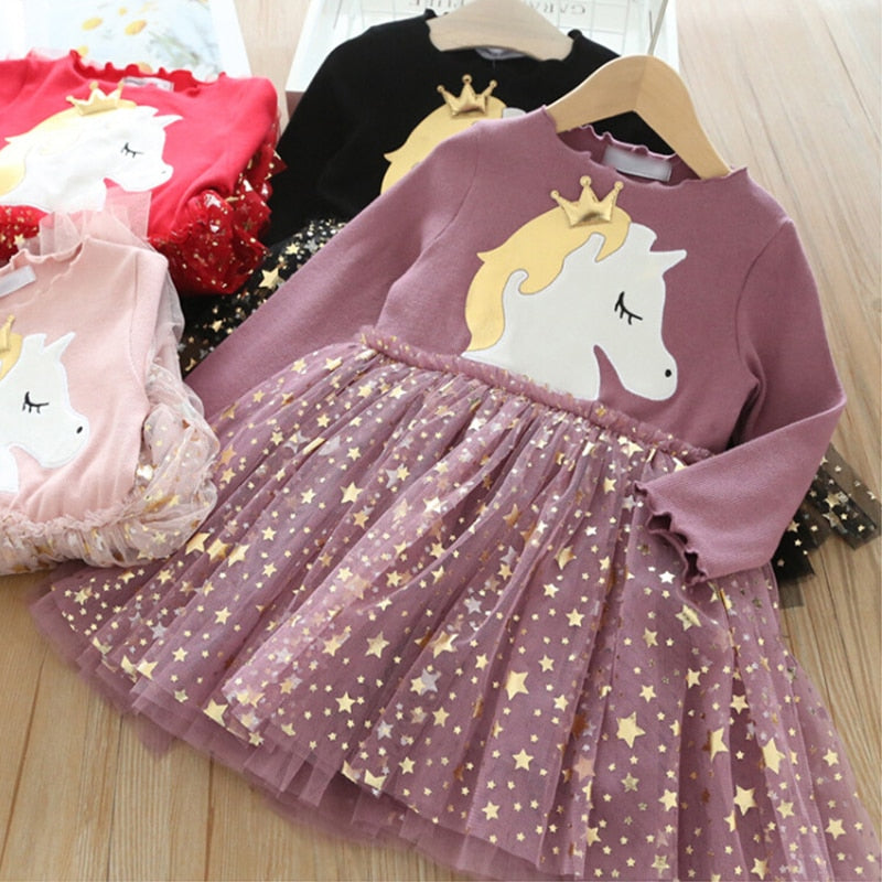 Girl's Long Sleeve Dress with Crown & Unicorn Design