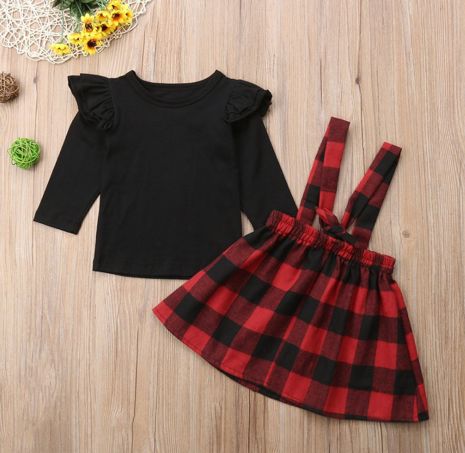 Black Long Sleeve Plaid Pinafore Dress Set for Girls