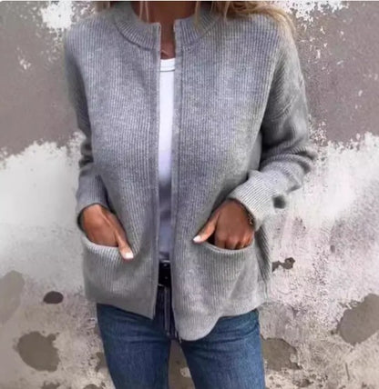 Solid Color Zip-Up Casual Cardigan Sweater