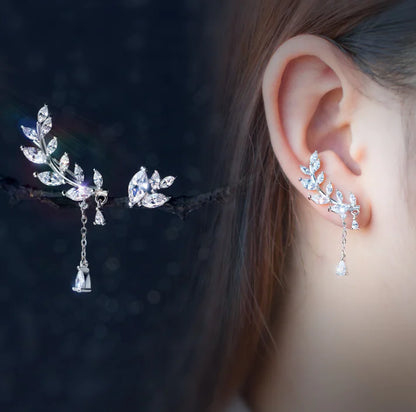 925 Silver Asymmetrical Earrings with Diamond Leaves