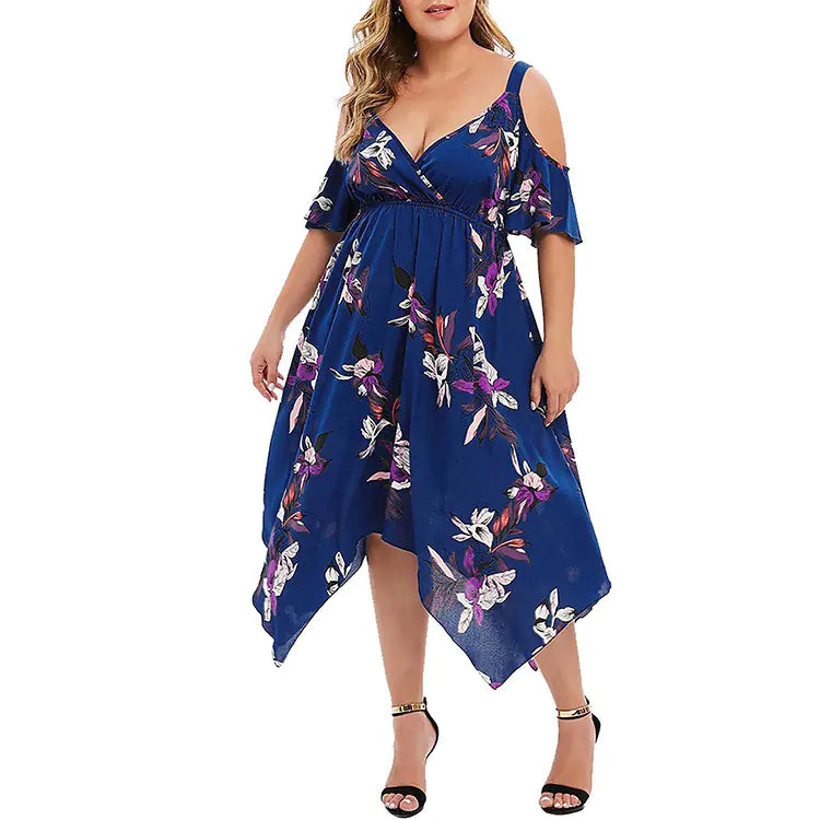 Women's Floral Print Open Shoulder Midi Dress Plus Size - Trendy Attic Store01