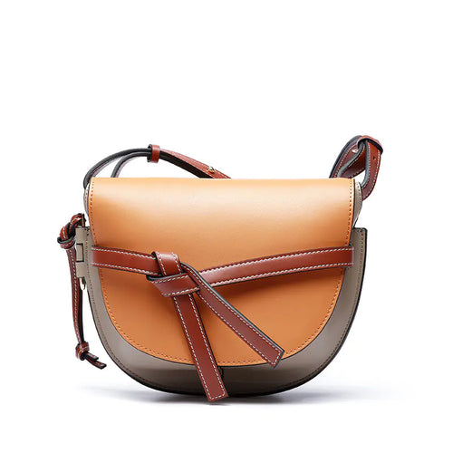 Fashion Color-Block Leather Saddle Bag for Women
