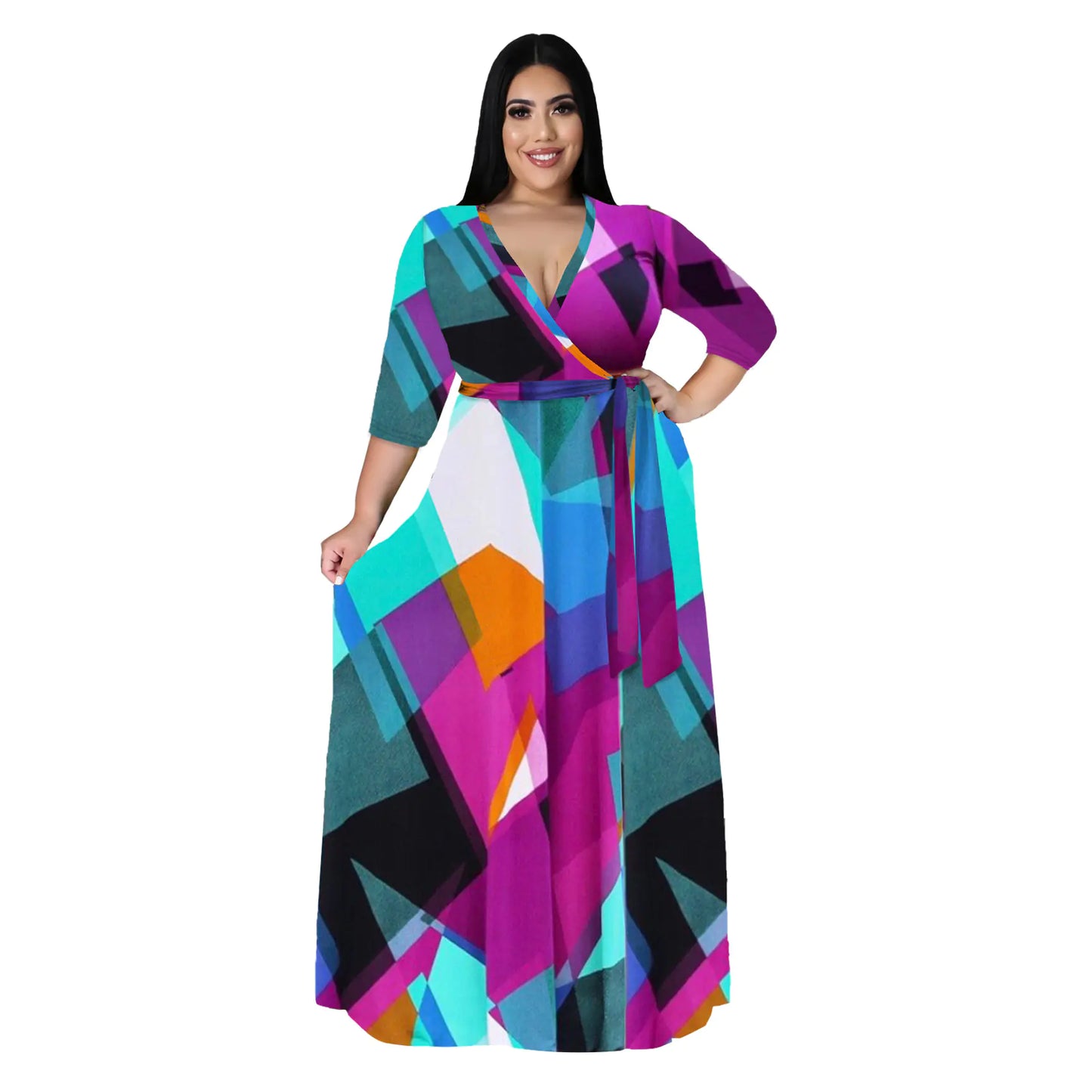 Women's Plus Size V-Neck Print Dress for Spring & Autumn