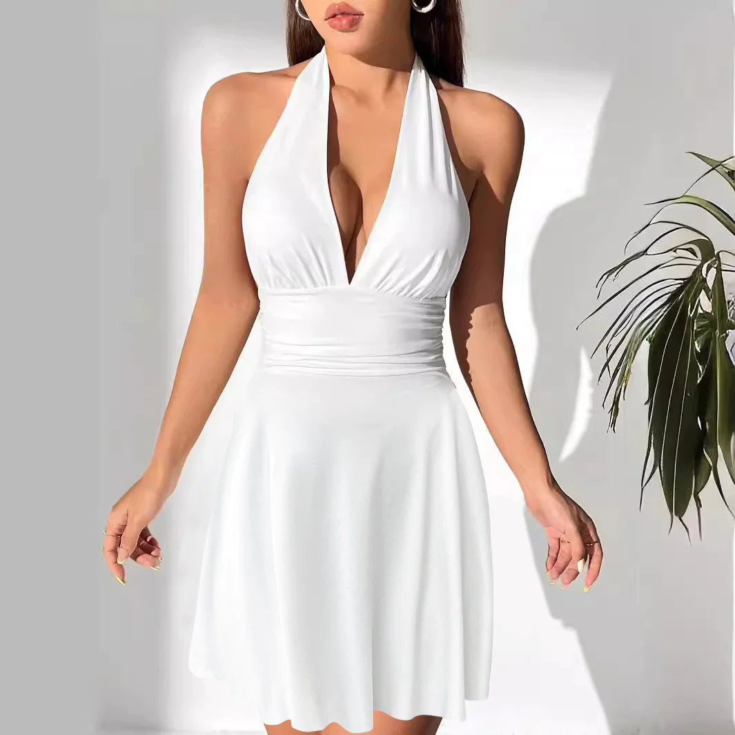 V-Neck Lace-Up Pleated Mini Dress