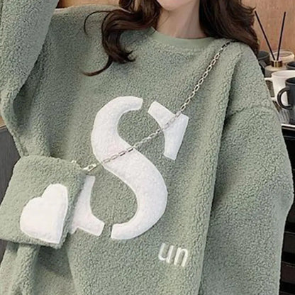 Women's Thick Plush Letter Sweatshirt with Crossbody Bag