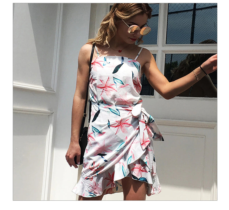 Leaf Print Cami Chiffon Dress - Irregular Short Skirt