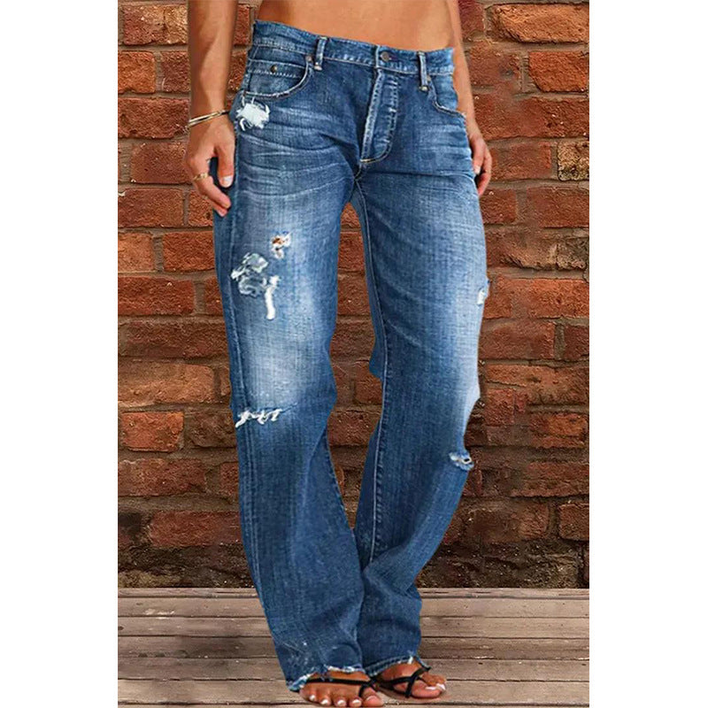 Women's Casual Mid-Waist Distressed Denim Pants