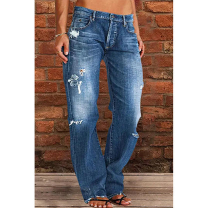 Women's Casual Mid-Waist Distressed Denim Pants