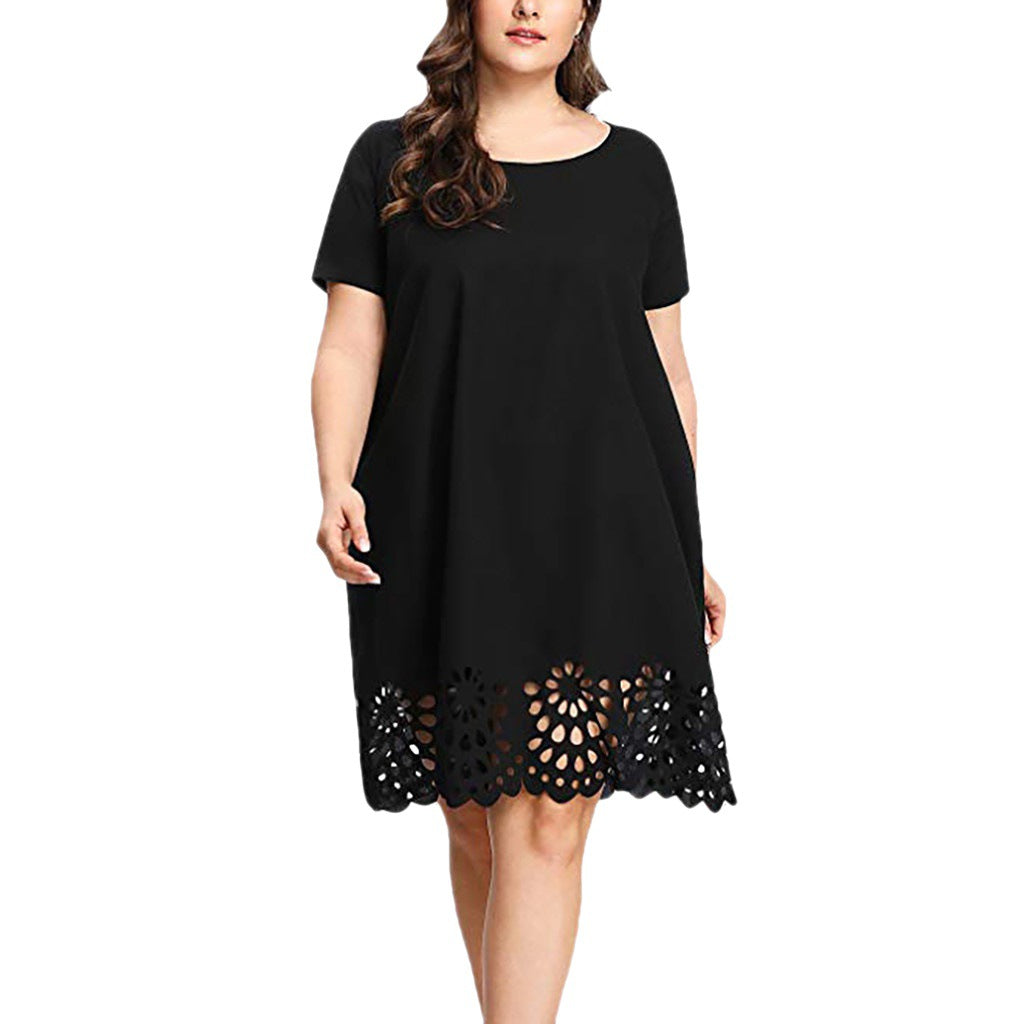 Plus Size Hollow Out Floral Hem A-Line Dress