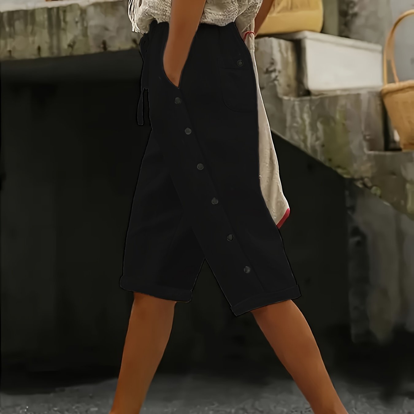 Plus Size Women's Casual Button Pants with Pockets