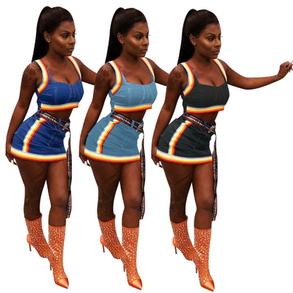 Colorful Striped Denim Skirt and Casual Two-Piece Set