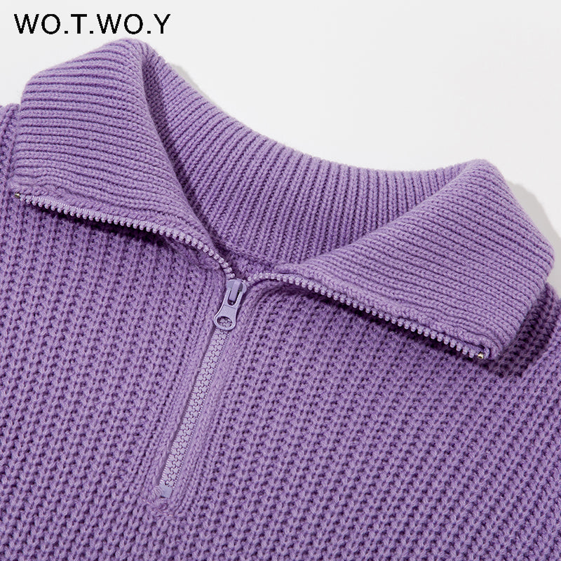 Women's Thick Casual Zipper Lapel Knit Sweater