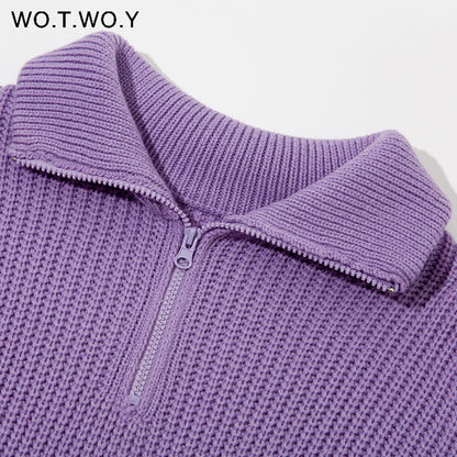 Women's Thick Casual Zipper Lapel Knit Sweater