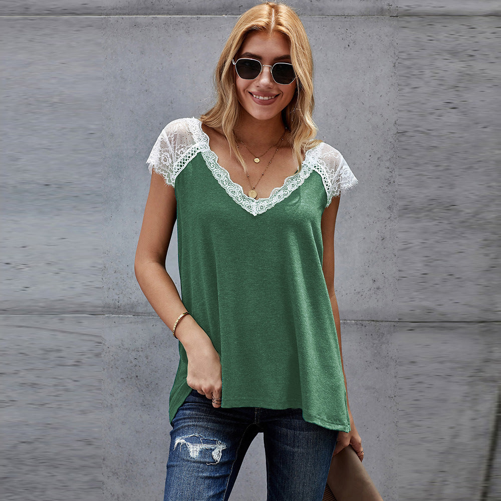 Women's Lace Knit Vest Top - European Style V-Neck T-Shirt