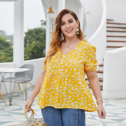 Plus Size Floral Short Sleeve Cotton T-Shirt