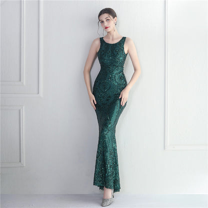 Long Sequin Evening Dress with Backless Design