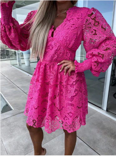 Lace-Trimmed Long Sleeve Dress
