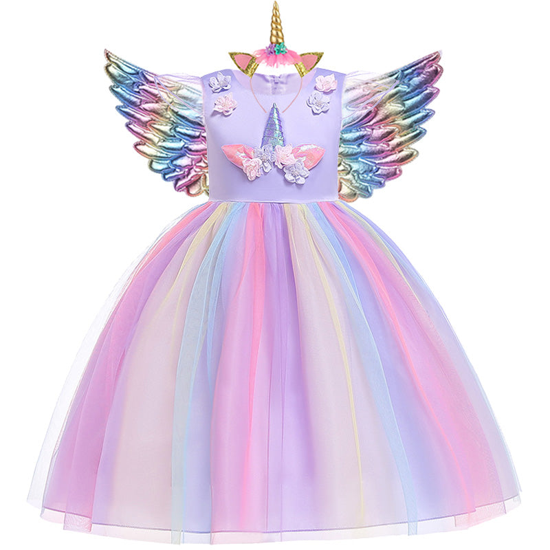 Unicorn Ruffle Sleeve Rainbow Dress for Girls