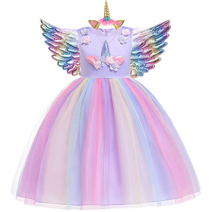 Unicorn Ruffle Sleeve Rainbow Dress for Girls
