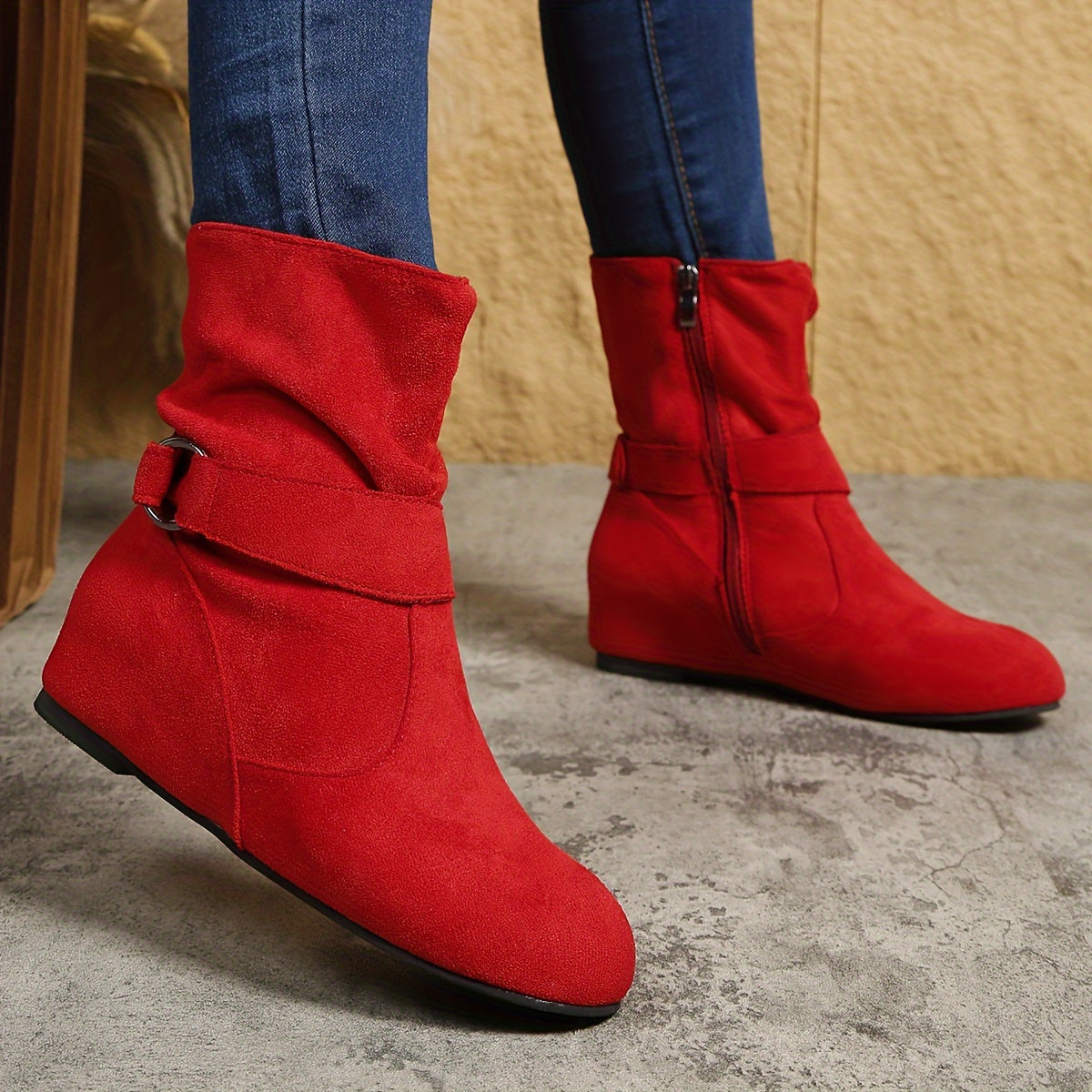 Ankle Boots  Round Toe Buckle Belt Side Zipper Boots