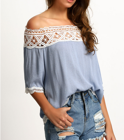 Off-Shoulder Lace-Trim Chiffon Blouse