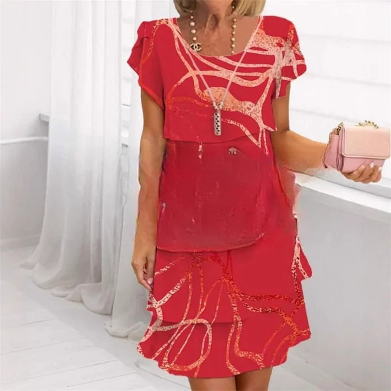 Chiffon Summer Short Sleeve O-Neck Print Loose Party Dresses