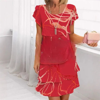 Chiffon Summer Short Sleeve O-Neck Print Loose Party Dresses