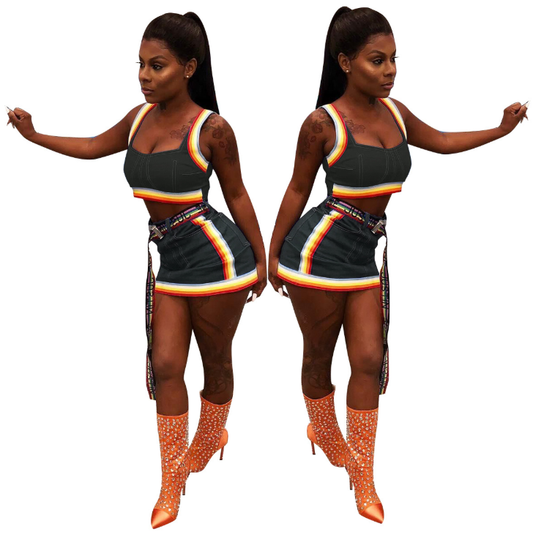 Colorful Striped Denim Skirt and Casual Two-Piece Set