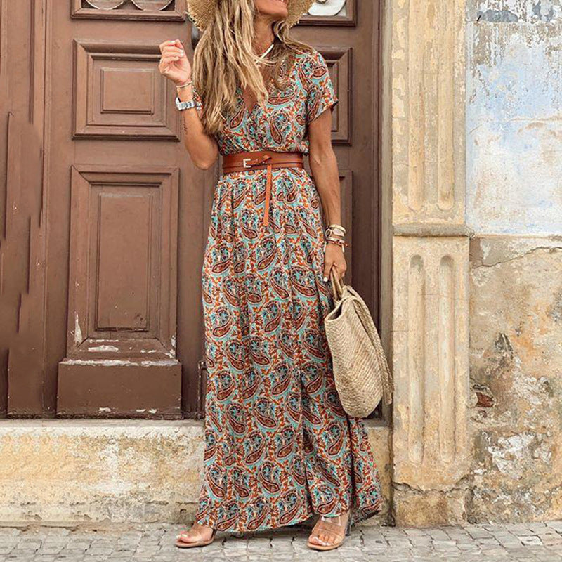 Bohemian V Neck Floral Dress for Ladies