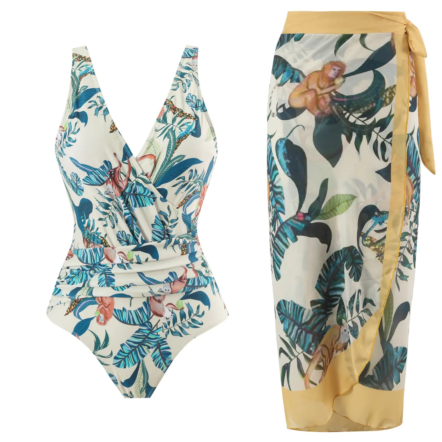 Plus Size Backless Swimsuit with Chiffon Beach Skirt