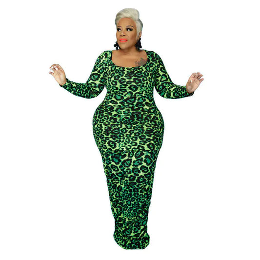 Elegant Plus Size Leopard Bodycon Maxi Dress for Fall