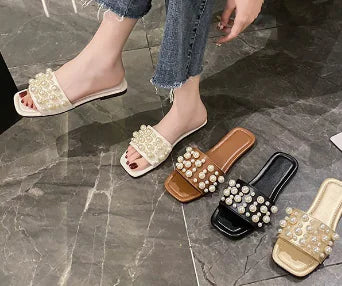 Beaded Rhinestone Women's Sandals with Thick Heel