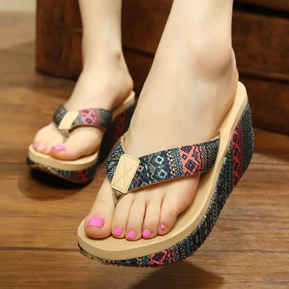Ethnic Style Wedge Flip Flops with Thick Sole