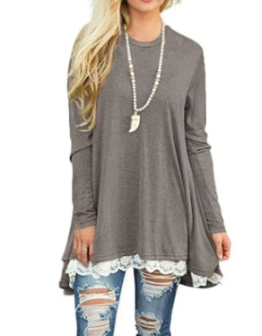 Lace Trim Round Neck Long Sleeve T-Shirt - Trendy Attic Store01