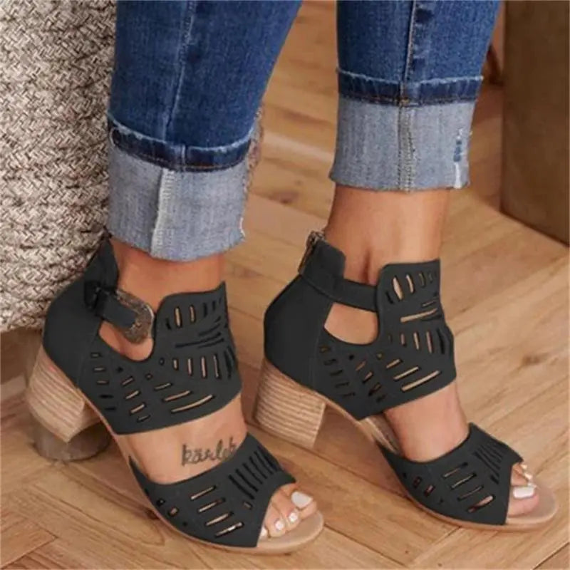 Cutout Floral Chunky Heels Women's Sandals