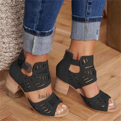 Cutout Floral Chunky Heels Women's Sandals