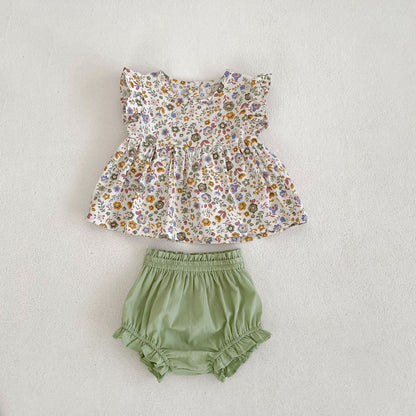 Floral Flying Sleeve Top & Shorts Set for Baby Girls