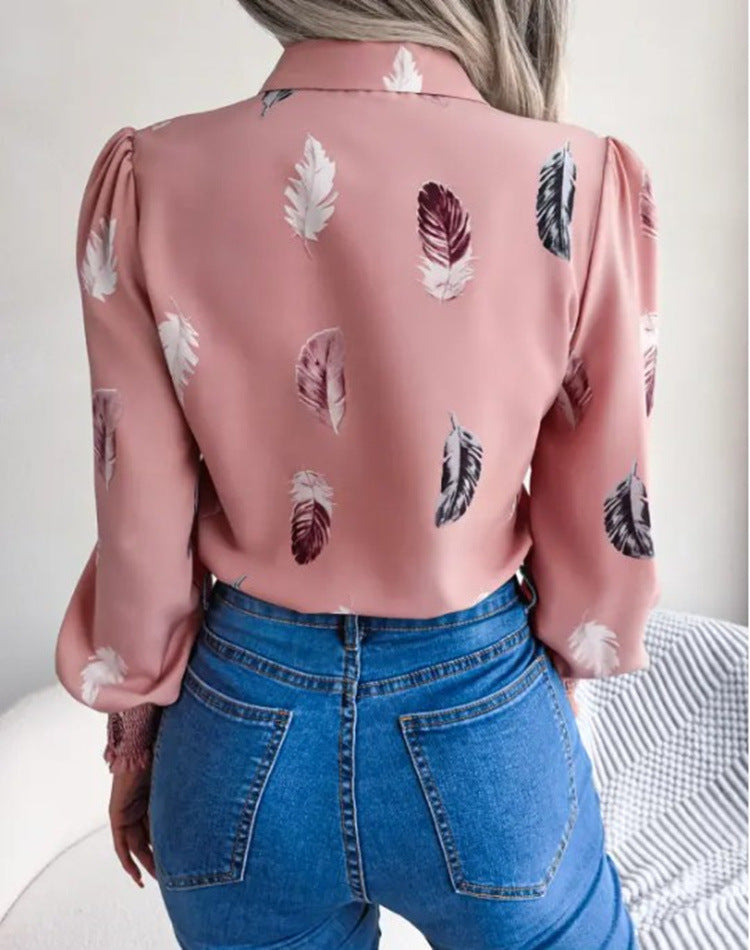 Women's Autumn Winter Feather Print Blouse Shirt