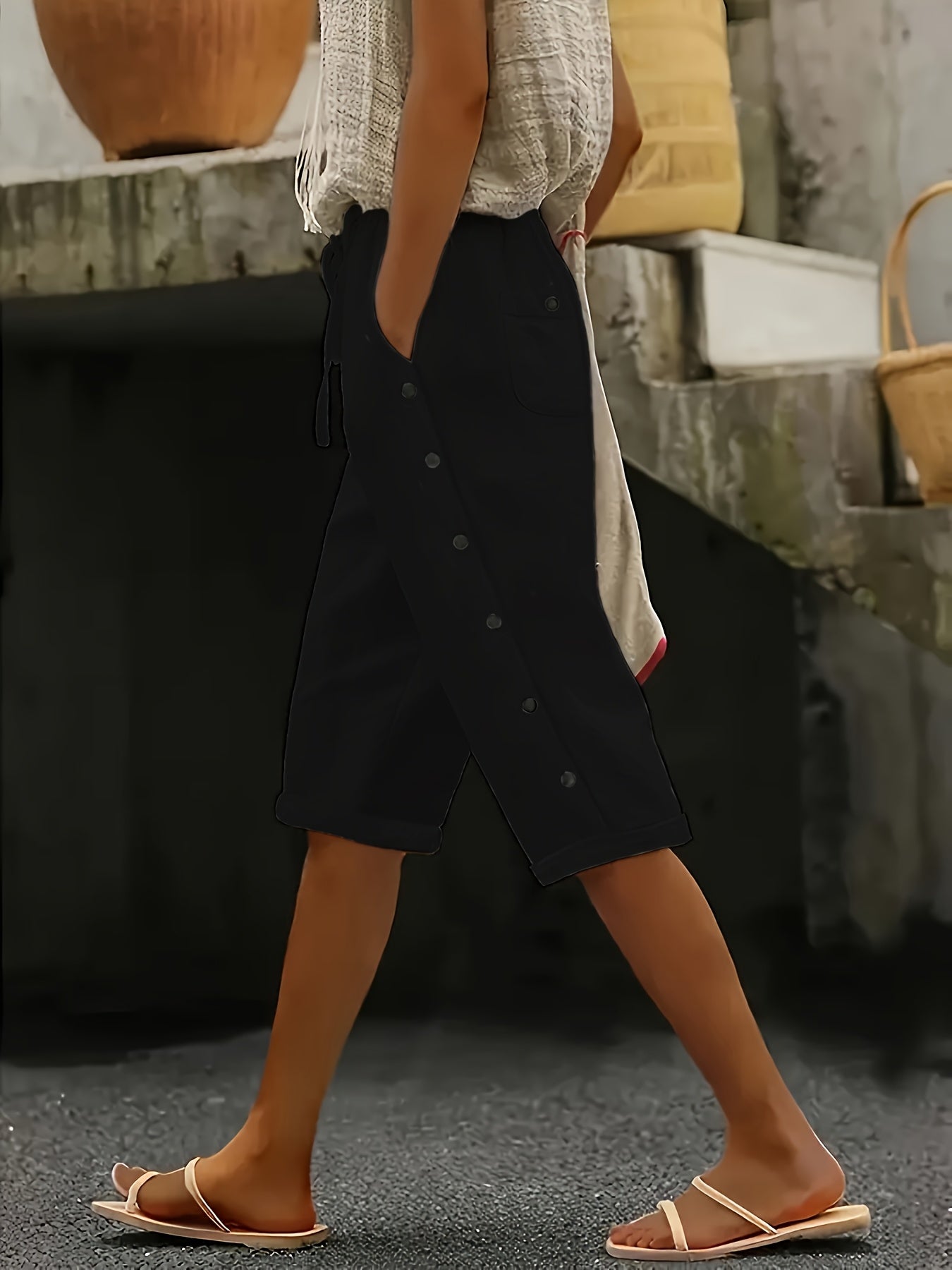 Plus Size Women's Casual Button Pants with Pockets