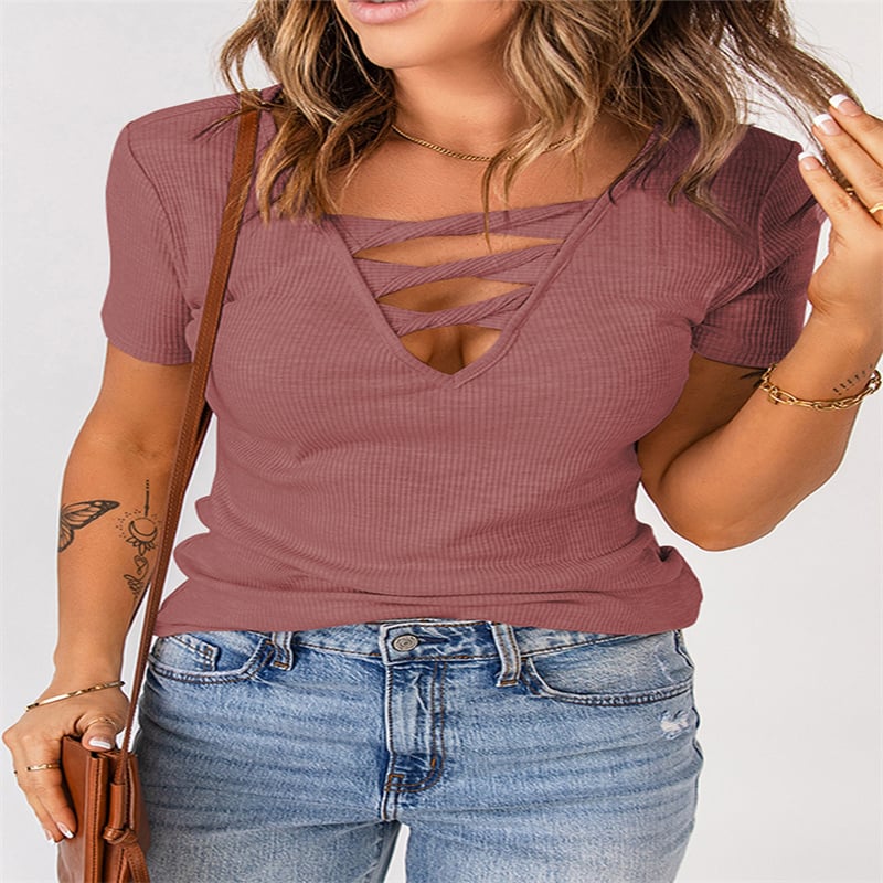 V-Neck Pullover Solid Color Women's Top