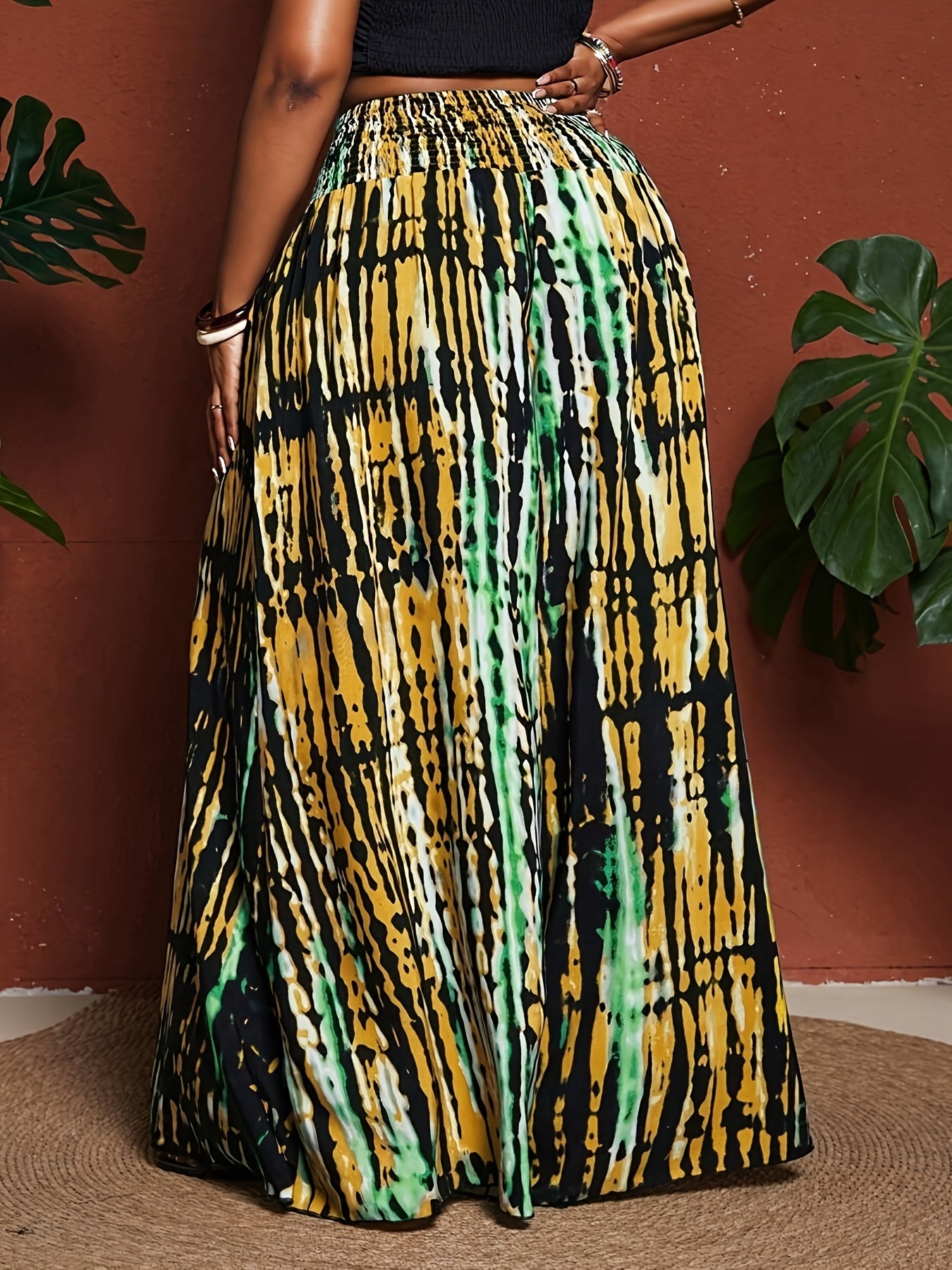 Plus Size Bohemian-style Tie-dye Print Elastic Drawstring Pants