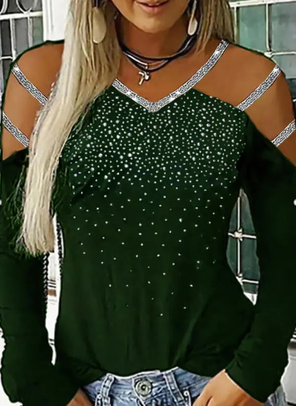 Multicolor Women's Long Sleeve V-Neck Rhinestone Top