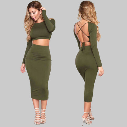 Tight-Fitting Crop Top and Midi Skirt Two-Piece Set
