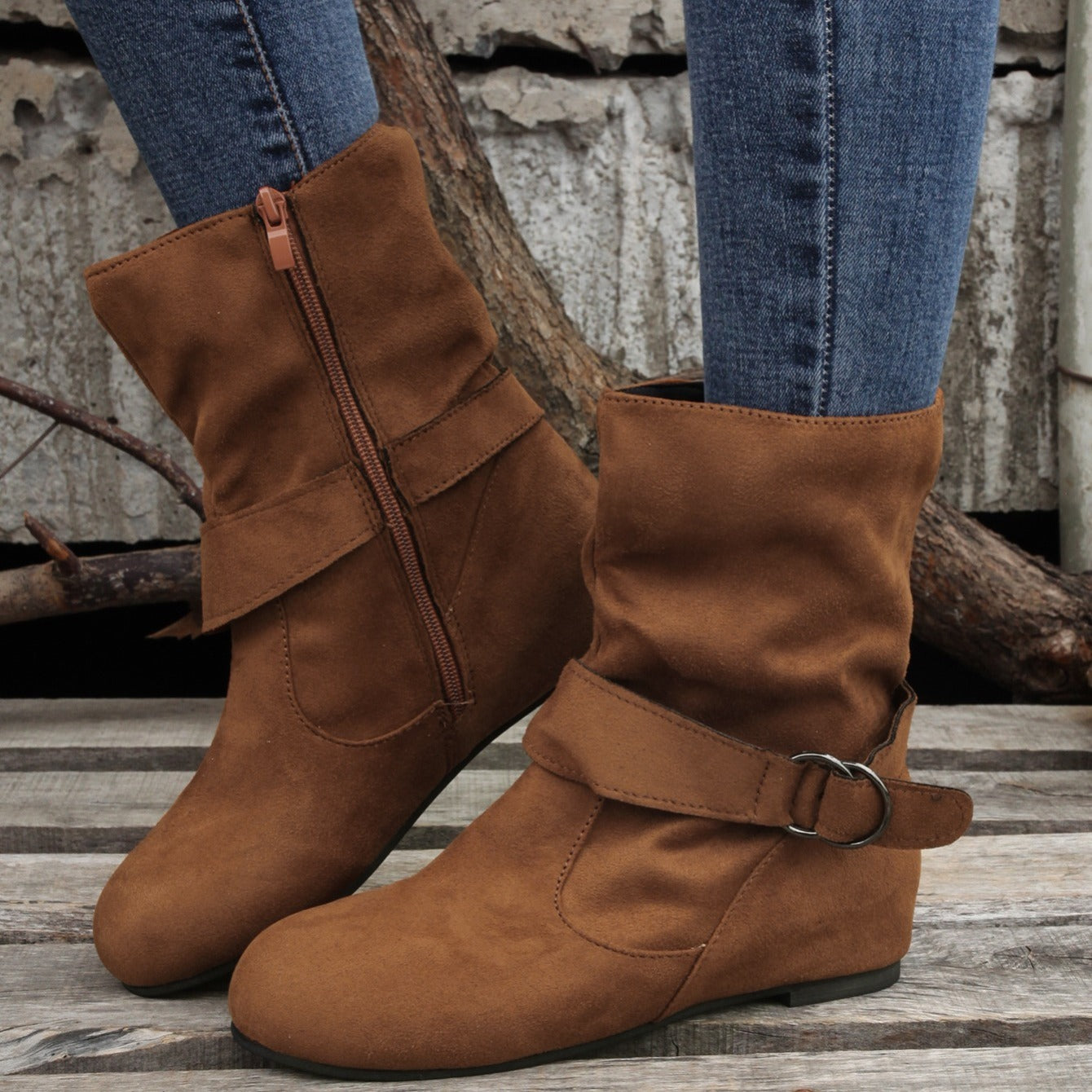 Ankle Boots  Round Toe Buckle Belt Side Zipper Boots