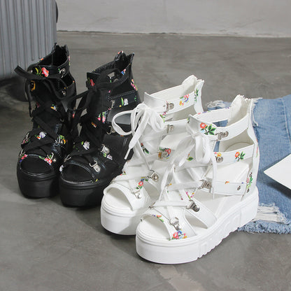 Spring Summer Wedge Sandals with Floral Design