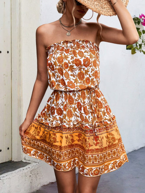 V-Neck Floral Print Summer Dress with Belt