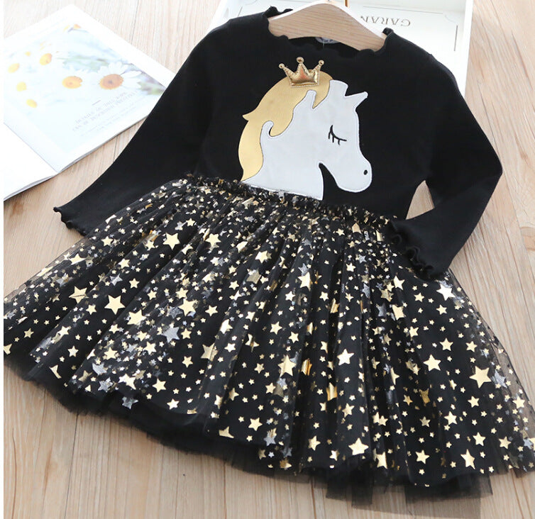 Girl's Long Sleeve Dress with Crown & Unicorn Design