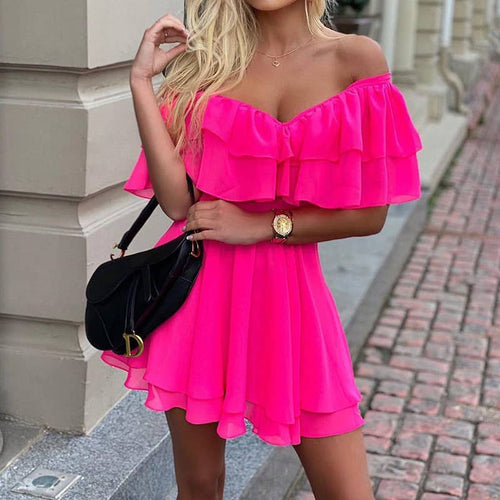 Hot Pink Chiffon Off The Shoulder Ruffle Nimi Dress
