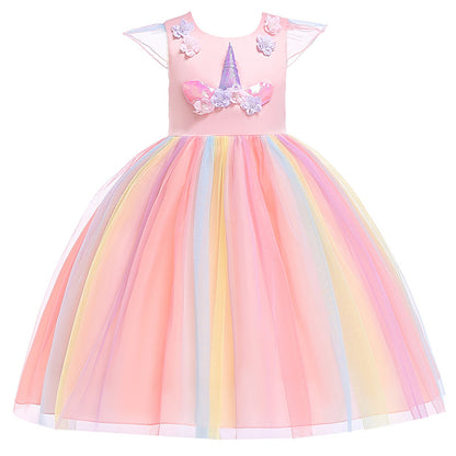 Unicorn Ruffle Sleeve Rainbow Dress for Girls